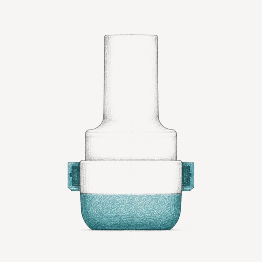 Concept sketch of an RS01 capsule inhaler with a clip-on Respiro add-on sensor