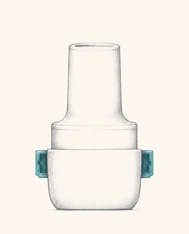 Concept sketch of the RS01X connected smart inhaler: an unchanged mouthpiece at the top, the capsule chamber in the body, and the teal Respiro sensing-and-connectivity module at the base.